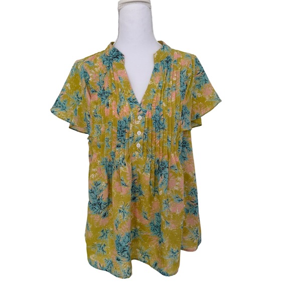 entro Tops - Entro Blouse Womens Large Yellow Floral Pintuck Pleated Short Sleeve T22871